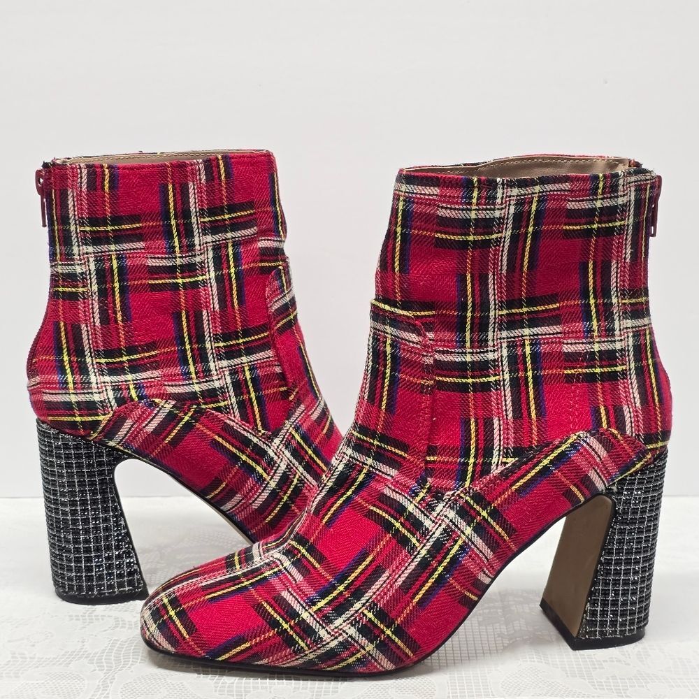 Betsey Johnson Women's Blanche Red Plaid Rhinestones Embellished Heel Booties 8